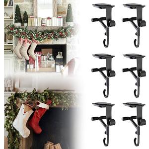Fireplace Garland and Stocking Hanger 6-Pack, No-Drill Mantle Hangers, Adjustable Clip for 3-7 Inch Mantles, 20LB Load Capacity, Non-Slip Design Mantle Garland Holder (Black)