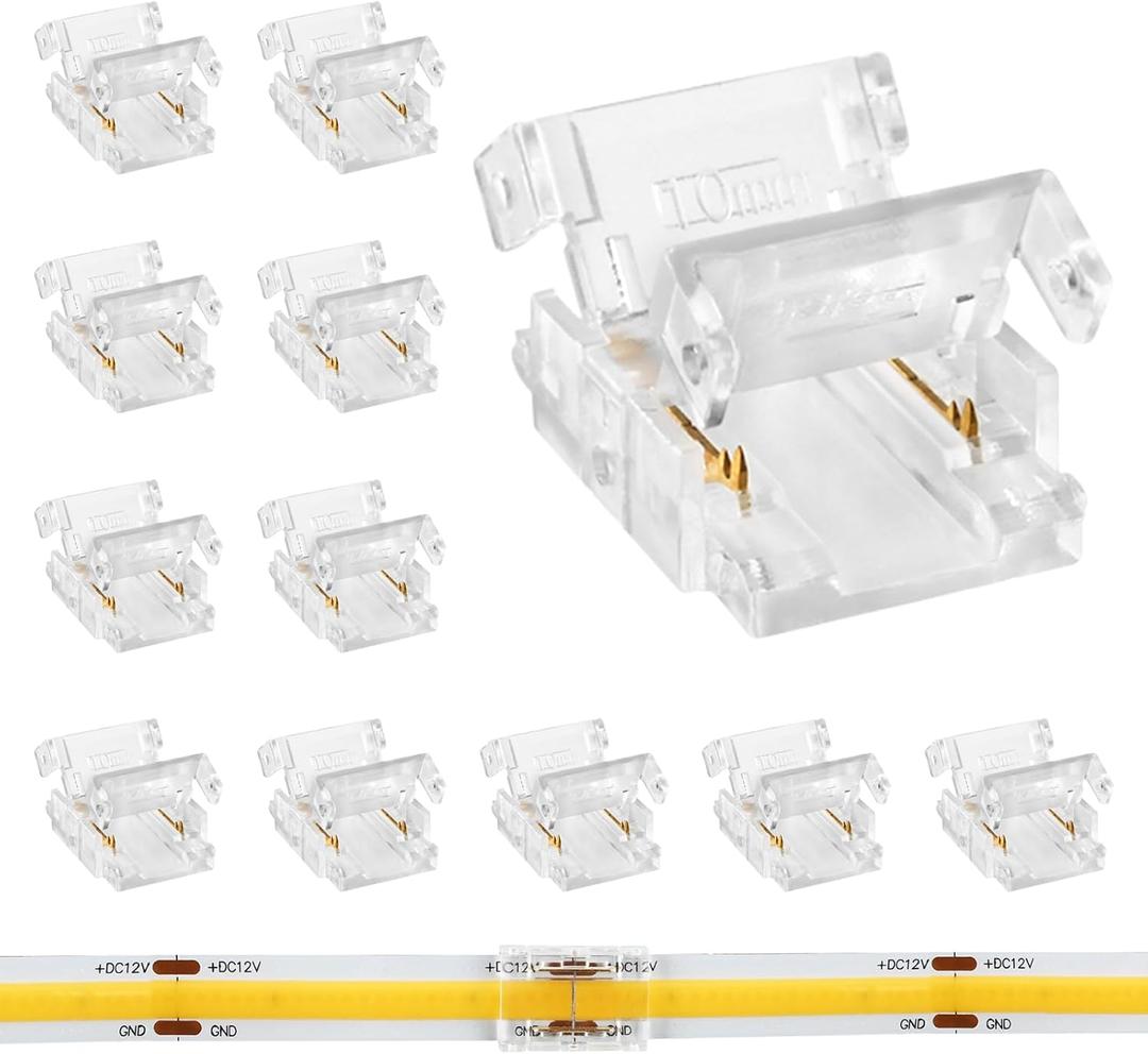 12Pcs 2Pin 10mm COB LED Strip Connectors Strip to Strip, 0-36V/5A Mini-Size Tool-Free Gapless Clip, Reusable Solderless for No Dark Area Connection in Channel