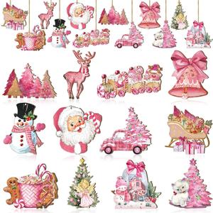 Huwena 36 Pcs Pink Ornaments for Christmas Tree Vintage Wooden Christmas Hanging Ornaments Rustic Xmas Tree Decoration for Festival Party(Cute Style)