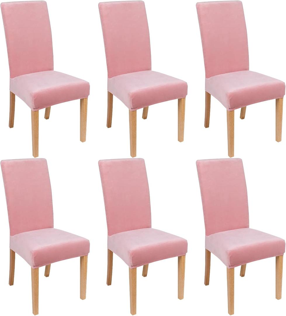 Smiry Velvet Stretch Chair Covers for Dining Room Set of 6, Soft Fit Removable Washable Kitchen Parsons Chair Slipcover Protector, Pink