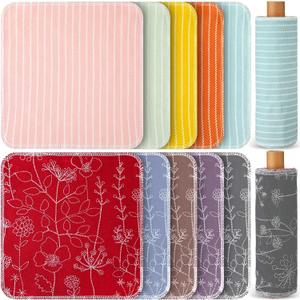 Redbaker 50 Pcs Reusable Paper Towels Paperless Reusable Cotton Cloths Toilet Absorbent Washable Paper Towels with Roll Kitchen Dishcloth for Kitchen Paperless Dishcloths(Stripe)