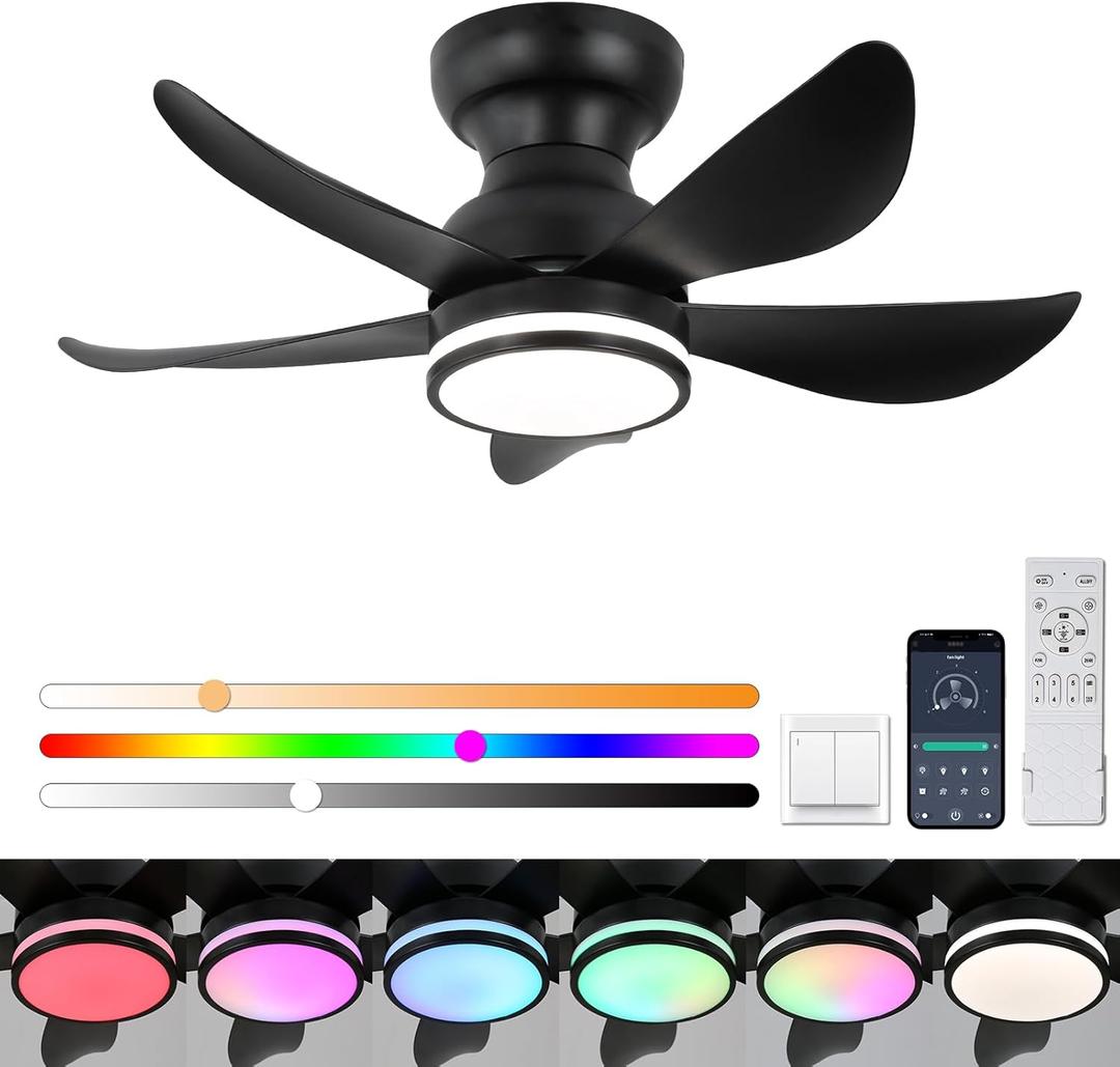 Low Profile Ceiling Fans with Lights and Remote/APP Control, Flush Mount,Reversible,Dimmable30 inch Black Ceiling Fan with RGB Lights for Kids Room,Bedroom,Living Room