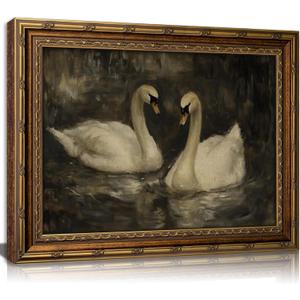 YUANNING Vintage Gold Frame Swan Couple Wall Art Elegant Swan Painting Canvas Modern Farmhouse Cottagecore Picture Wall Decor Dark Academia Lake Nature Aesthetic Print Artwork For Bedroom Living Room