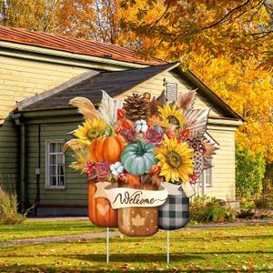 Metal Thanksgiving Decoration Fall Pumpkin Mason Jar Yard Sign Stake 14.2 Inch Autumn Welcome Sunflower Outdoor Yard Decor for Autumn Harvest Outside Lawn Decorations Garden Patio Walkway