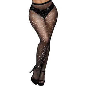 DUCMODA Women's Sparkly Fishnet Stockings Rhinestone Sexy High Waist Tights Glitter Party Concert Pantyhose One Size