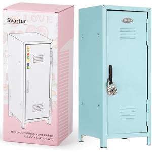 Svartur Mini Locker with Lock & Keys, Stickers, Metal Small Locker for Desktop, Girls Lockbox Desktop Storage Organizer, Money Safe and Cash Lock Box for Girls Safe, Light Blue