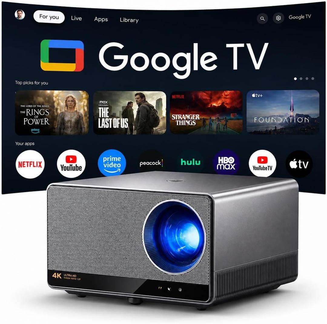 Native 4K Projector for Home Theater, Google TV, 3000 ANSI Lumens | AI auto Focus and Keystone Correction, WiFi, Bluetooth, and dual Hi-Fi Speakers for Home Theater, Gaming, and Outdoor Movies