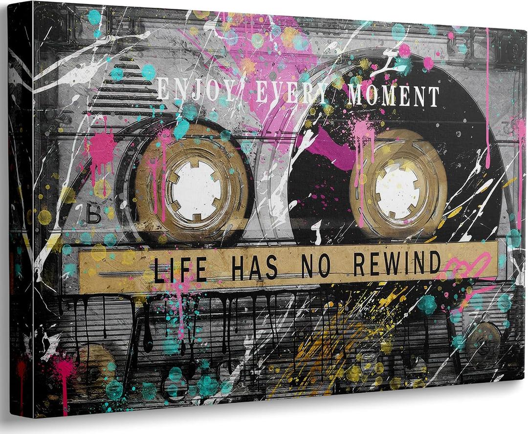 Pappus Graffiti Cassette Tape Motivational Wall Art, Life Has No Rewind Inspirational Canvas Prints, Pop Art Street Art Wall Decor for Man Cave Office Studio 16x24 Inch