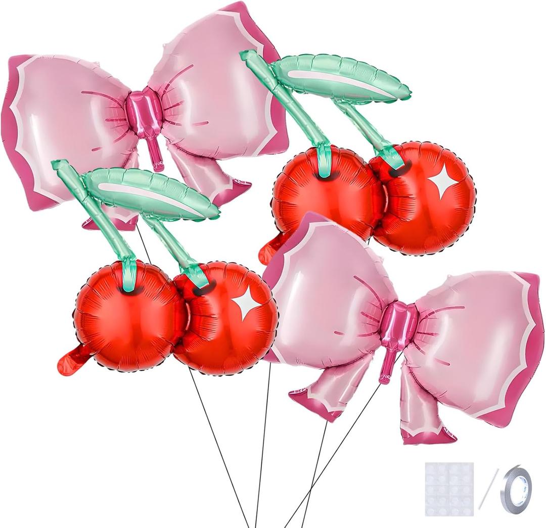 4-Pack Pink Bow Red Cherry Theme Balloon Set, Suitable for Cherry Birthday Decorations, Cherry Party Decorations, Baby Shower Decorations