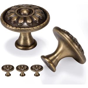 5 Pack Antique Brass Cabinet Knobs, Vintage Knobs for Drawers, Solid Brass Pulls, Round Single Hole Furniture Hardware, Diameter-1.18in