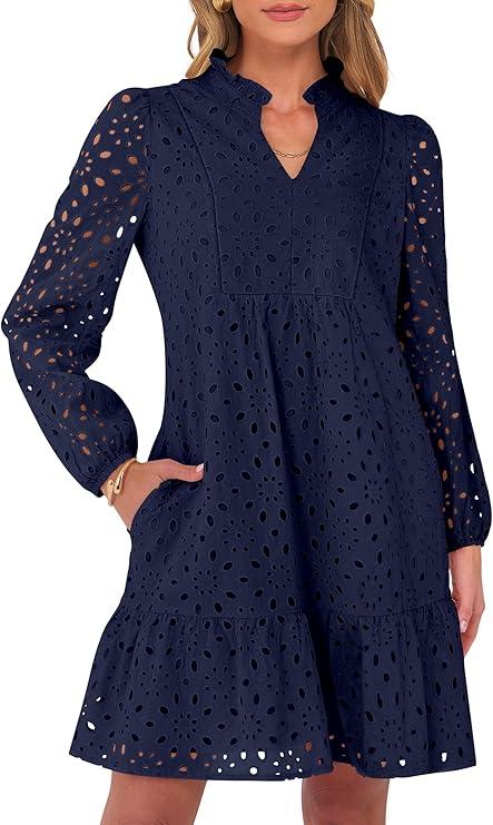 Long Sleeve V Neck Dresses for Women Eyelet Hollow Out Business Casual Tiered 2026 Fall Mini Dress with Pockets, XL