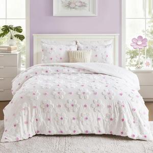 Full Size Comforter Set for Girls 3 Pieces Pink Purple Tufted Daisies Flowers Bedding Set Bed in A Bag Cute Floral Comforter Set for Kids, Lightweight Full Bed Set for Kids Teen Girls Women | Full Size Comforter, Comforter for Girls, Purple Bedding Set, Full Size Bed Set, Flowers Comforter, Teen Girls Bed Set