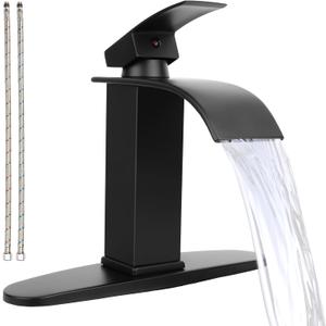 Klabb Black Waterfall Spout Bathroom Faucet,Single Handle Bathroom Vanity Sink Faucet, Rv Lavatory Vessel Faucets Basin Mixer Tap with Deck Plate, Solid Brass/Matte Black