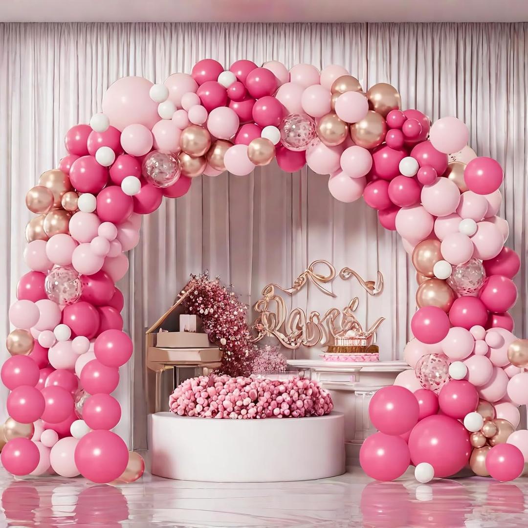 175Pcs Pink Balloon Garland Arch Kit, Hot Pink White Metallic Rose Golden Confetti Balloons For Women Birthday Princess Theme Baby Shower Wedding Mother's Valentine's Day Party Decoration