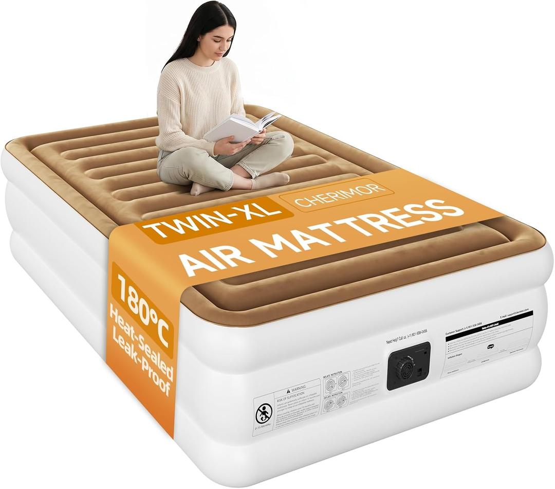 CHERIMOR Twin XL Air Mattress with Built in Pump, 180C Heat-Sealed Leak-Proof, 18" Raised Comfort, Anti-Sag Horizontal Beam, Supports 500 lbs, 2-Min Inflation Blow Up Bed for Home Guests & Camping
