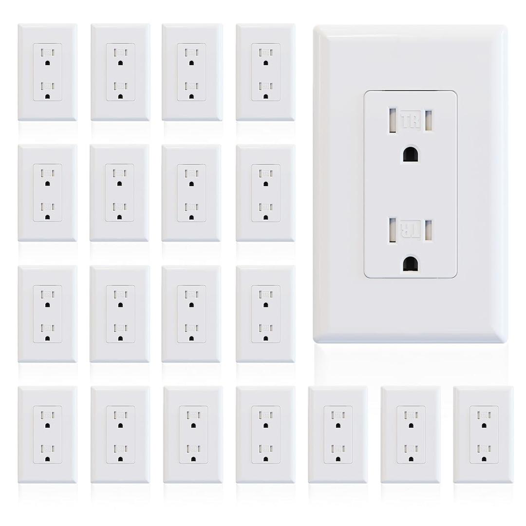 ELEGRP Decorator Wall Receptacle Outlet, Tamper Resistant 15A 125V Standard Electrical Wall Outlet, Residential Grade, Self-grounding, with Screwless Wall Plate, UL (20 Pack, Glossy White)