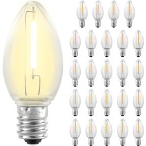 25 Pack C7 LED Replacement Christmas Light Bulbs,Clear 0.6W Energy Efficient E12 Candelabra Base,Shatterproof Warm White 2700K for Christmas Trees,Holiday String Decorations, Patio, Garden,Halloween