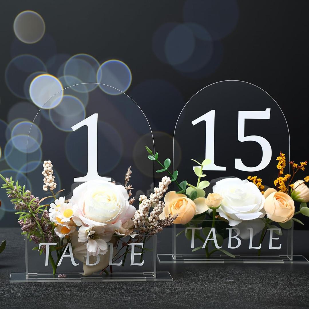 Table Number 1-15 for Wedding Reception Arch Acrylic Wedding Restaurant Table Number with Flower Trough 5" x 7" Mirrored Rustic Centerpiece for Bridal Shower Party Catering Banquet(Clear)