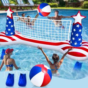 250th Anniversary American Flag Inflatable Pool Games Large Volleyball Net Pool Floats Set with 9" Beach Ball – 4th of July Floating Swimming Game Toy for Adults, Perfect for Patriotic Party Summer
