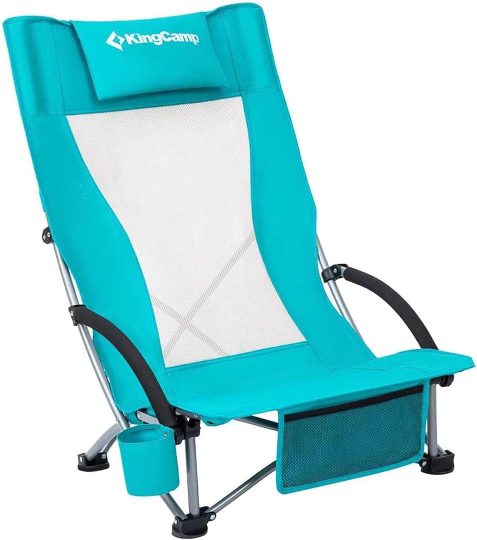 KingCamp Low Beach Chair, High Back Folding Camping Chair for Adults, Oversized Breathable Mesh Seat, 300lbs Heavy Duty Portable Chair with Cup Holder & Storage Pockets for Beach, Outdoor (Ergobreeze-cyan-1 Pack)