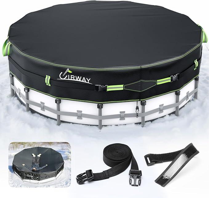 UIRWAY 500D Winter Pool Cover 24FT Round [Upgraded Heavy Duty Thick Fabric] | New Super Windproof Gel-Coated Tarp Straps, Fit Round Pool Covers for Above Ground Pools, Snug Fit, Tear & UV Resistant
