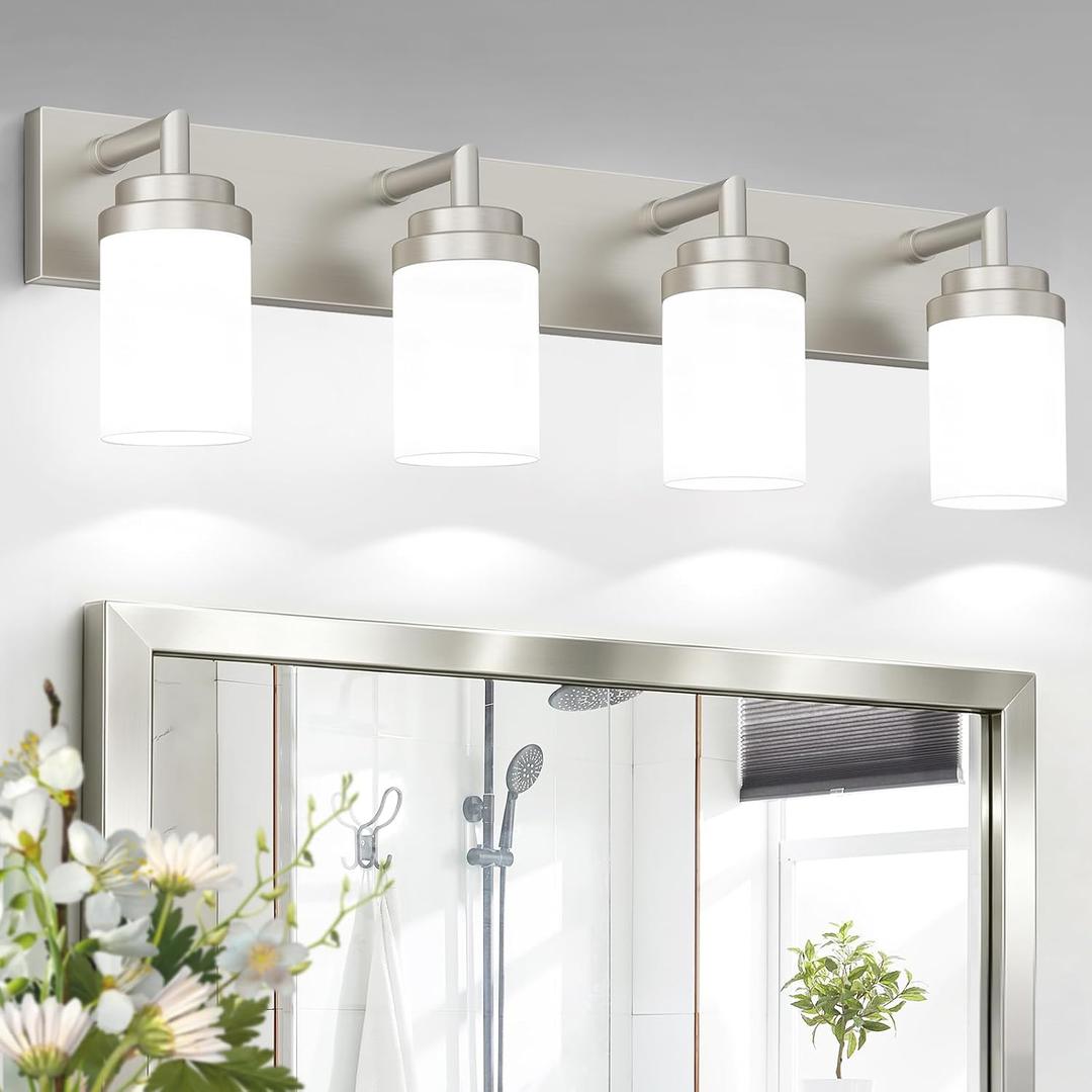 LKHF Bathroom Light Fixtures, Brushed Nickel Bathroom Lighting Fixtures Over Mirror, Modern Vanity Light with White Glass Shade, Restroom Lighting Fixtures, 4-Light 30-inch, Nickel-White Shade, 4-Light 