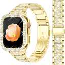 Bling Watch Bands with Bling Case for Women Compatible with Apple Watch Band 40mm Elegant Dressy Jewelry Replacement Metal Link Wristband Protector Cover for iWatch Series 6/5/4/SE Gold