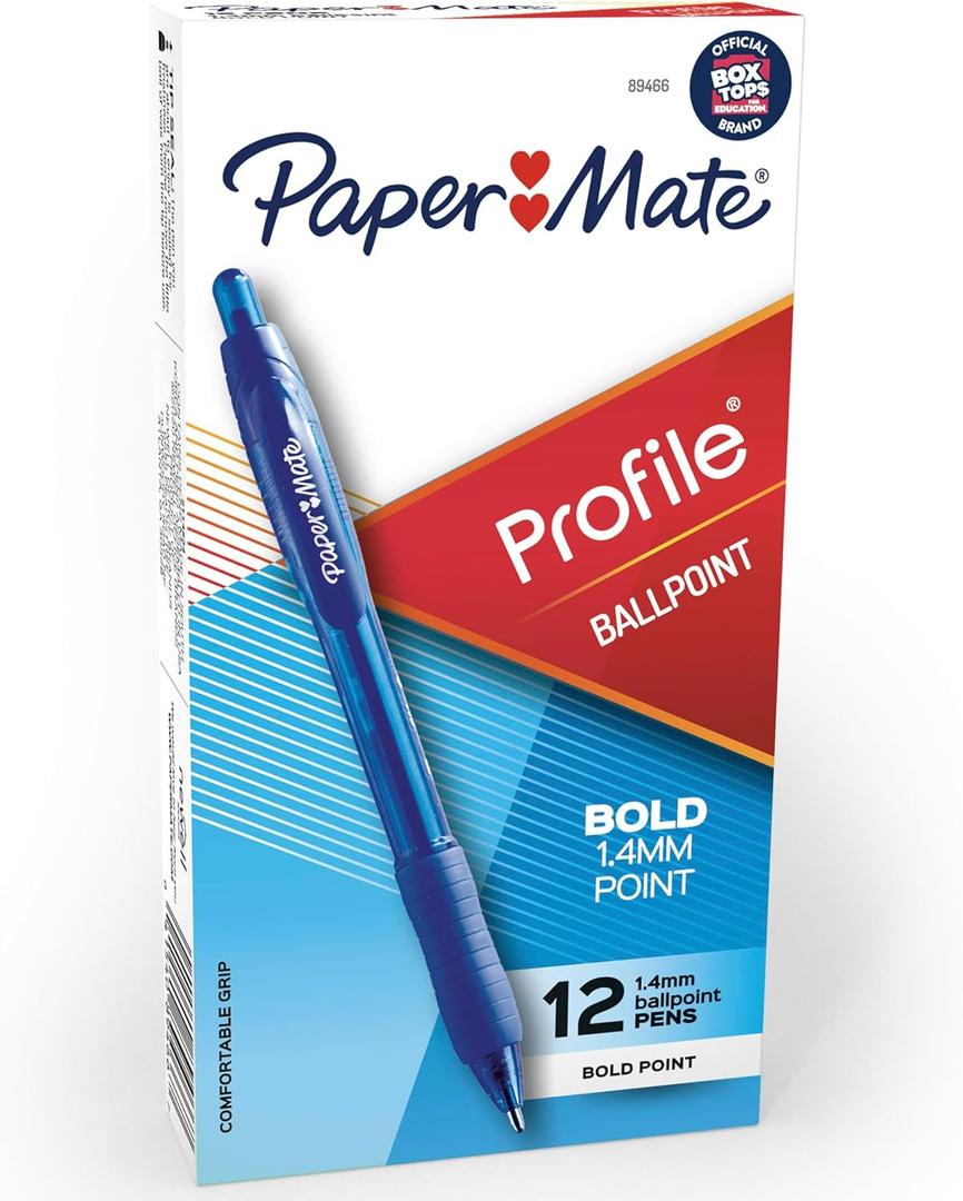 Paper Mate Profile Retractable Ballpoint Pens, Bold Point (1.4mm), Blue Ink, 12 Count - Writing, Office, Teacher Supplies