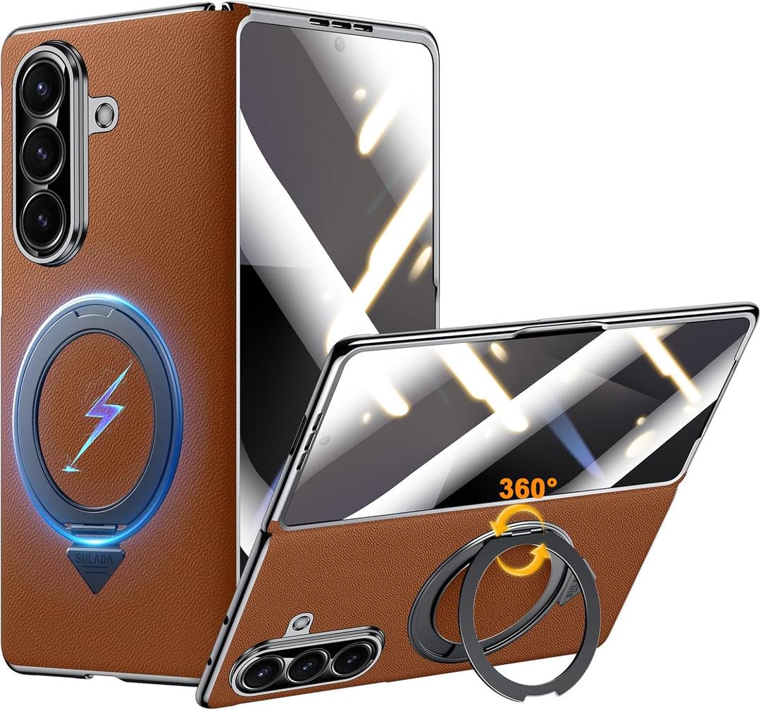 [One-Piece 3-in-1 Case for Samsung Galaxy Z Fold 7: Compatible with MagSafe, Built-in Hinge & Screen Protector, 360 Magnetic Ring Stand, Full-Body Protection Genuine Leather Cover, Brown