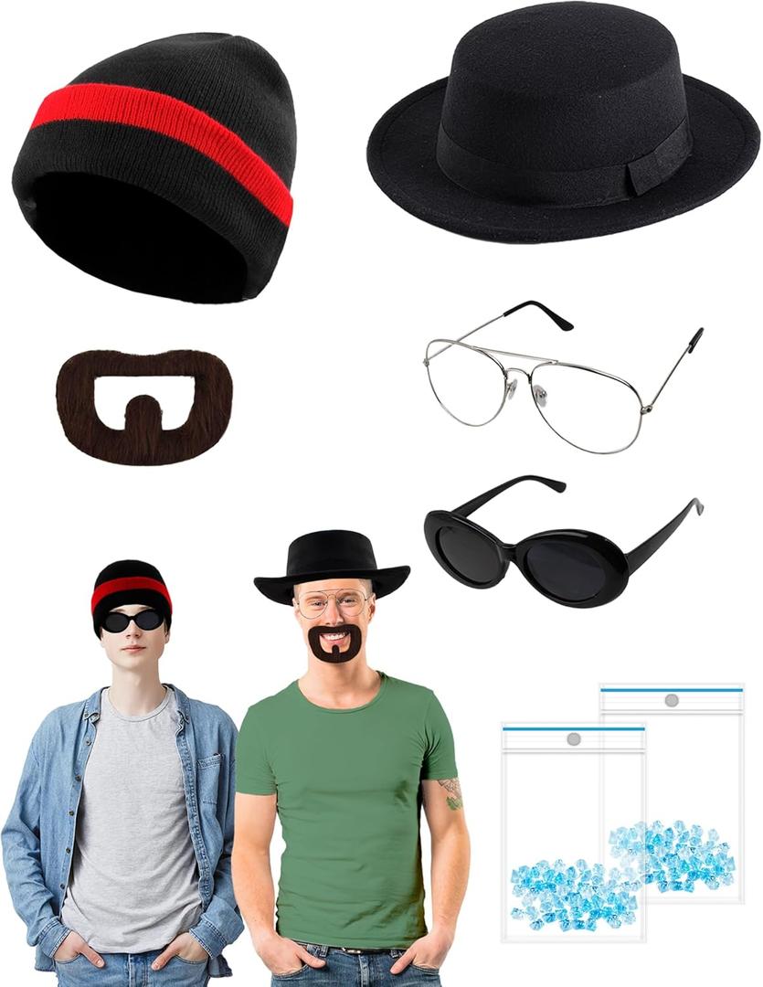 Halloween Costume Accessories Men Set Include Black Hat Beanie Cap Sunglasses Transparent Lens Glasses Fake Beard Blue Particles for Cosplay Party