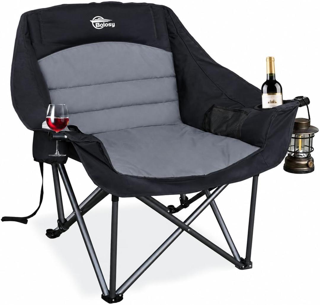 Oversized Camping Chairs for Adults | XL Heavy Duty Lawn Chair Padded Folding Chair with Cup Holder for Outdoor Sports Fishing Backyard Supports 500lbs, Black, Size Single Seat