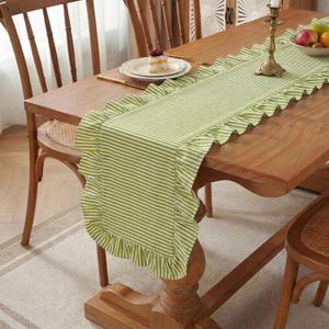 HunnmingRe Ruffle Trim Boho Table Runner Farmhouse Rustic Stripes Scalloped Table Runner Decorative Cloth for Home Dining Cafes Restaurants Hotel Baby Shower Wedding(Green,14x72inch)