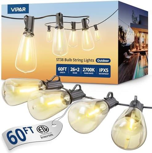 VIPAR Outdoor String Lights 60FT LED Patio Lights LED Waterproof with 26+2 Shatterproof ST38 Edison Bulbs, 2700K Connectable Outside Hanging Light for Porch, Garden, Backyard, Deck, Balcony, Decor