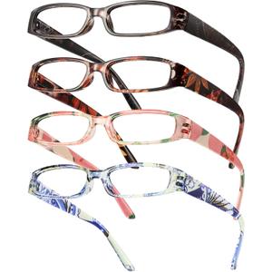 Gaoye 4-Pack Readers for Women, Blue Light Blocking Reading Glasses, Stylish Reading Glasses for Women in 4 Patterns (Dark Flowers), 1.75x