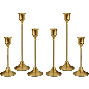 Set of 6 Brass Gold Candle Holders for Taper, Vintage Candlestick Holder Decorative Metal Candle Sticks Home Decor Centerpieces for Table Mantel Festive Decorations