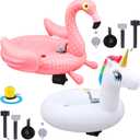 2 Pack Motorized Pool Float for Adult, Inflatable Pool Lounger Chair Pink Flamingo Unicorn River Tube Floating with Pusher Handles Cup Holder and Pump Waterproof for Party Beach Outdoor