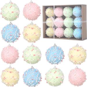 12 Pcs Pastel Color Shatterproof Glitter Foam Christmas Ornament Set - 3.15 Inch Decorative Hanging Balls for Sweet - Themed Xmas, New Year & Holiday Party, Home Christmas Tree Decor