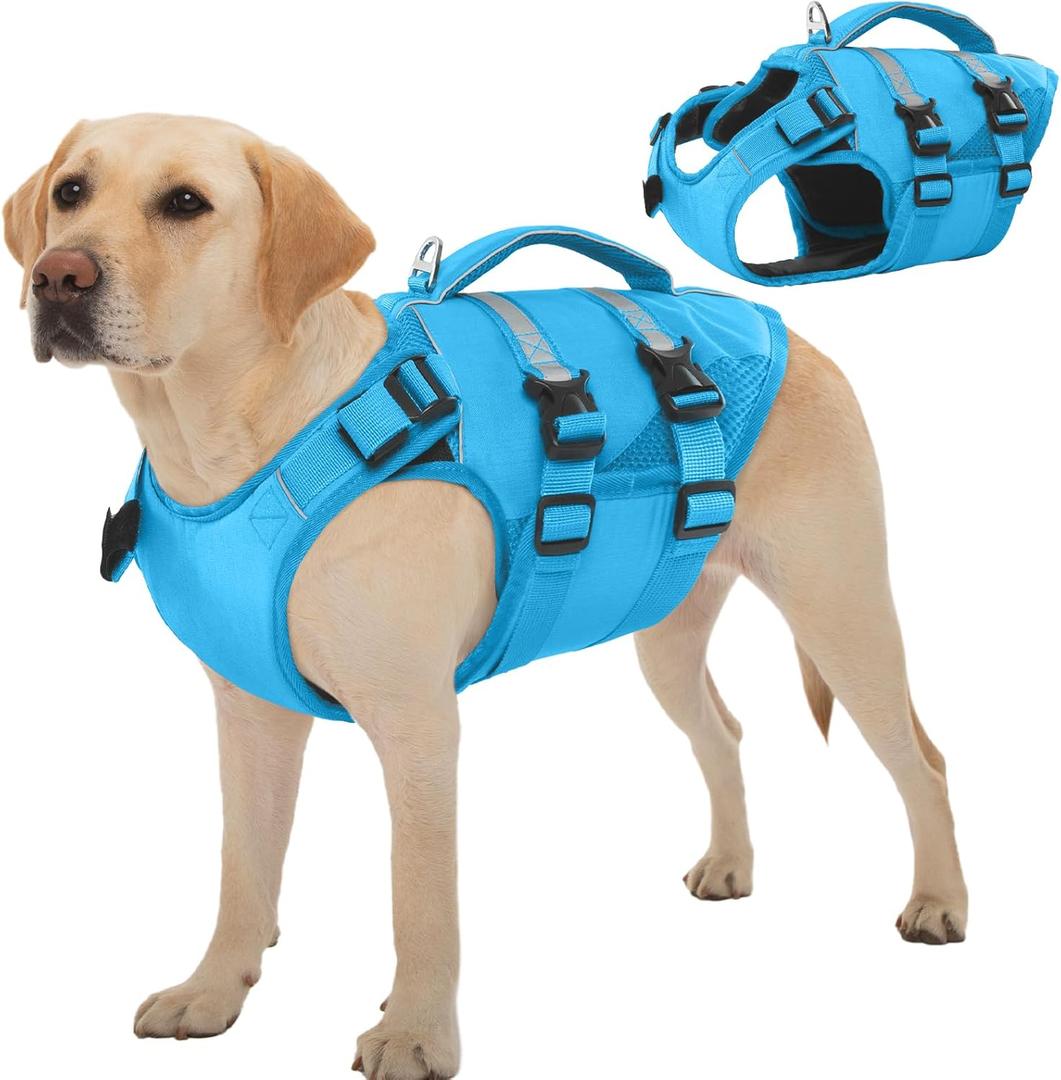 Kuoser Dog Life Jacket, High Flotation Dog Life Vest for Swimming Boating, Adjustable Ripstop Pet Lifesaver for Small Medium and Large Dogs, Reflective Safety Puppy Swimming Vest with Rescue Handle (Large (Chest Girth:22.83-29.53''), Blue)