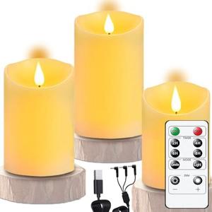 JQTEOYW Rechargeable Flameless Candles with Remote and Timer, Real Wax LED Pillar Candles, Battery Operated Flickering Candles, 3 Pack Ivory 3"x4"/5"/6", Rechargeable Candles for Home Decor, Weddings