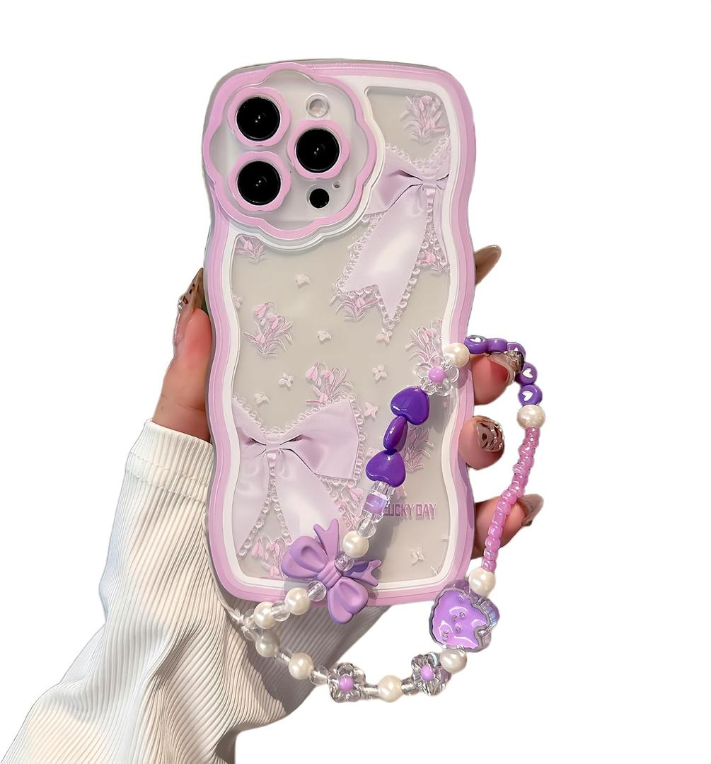 for iPhone 14 Plus Case, [Wave Rolled Edge Comfort Grip] [2-in-1 with Beaded Wrist Strap Bracelet] Beautiful Light Purple Bow Pattern for Women & Girls