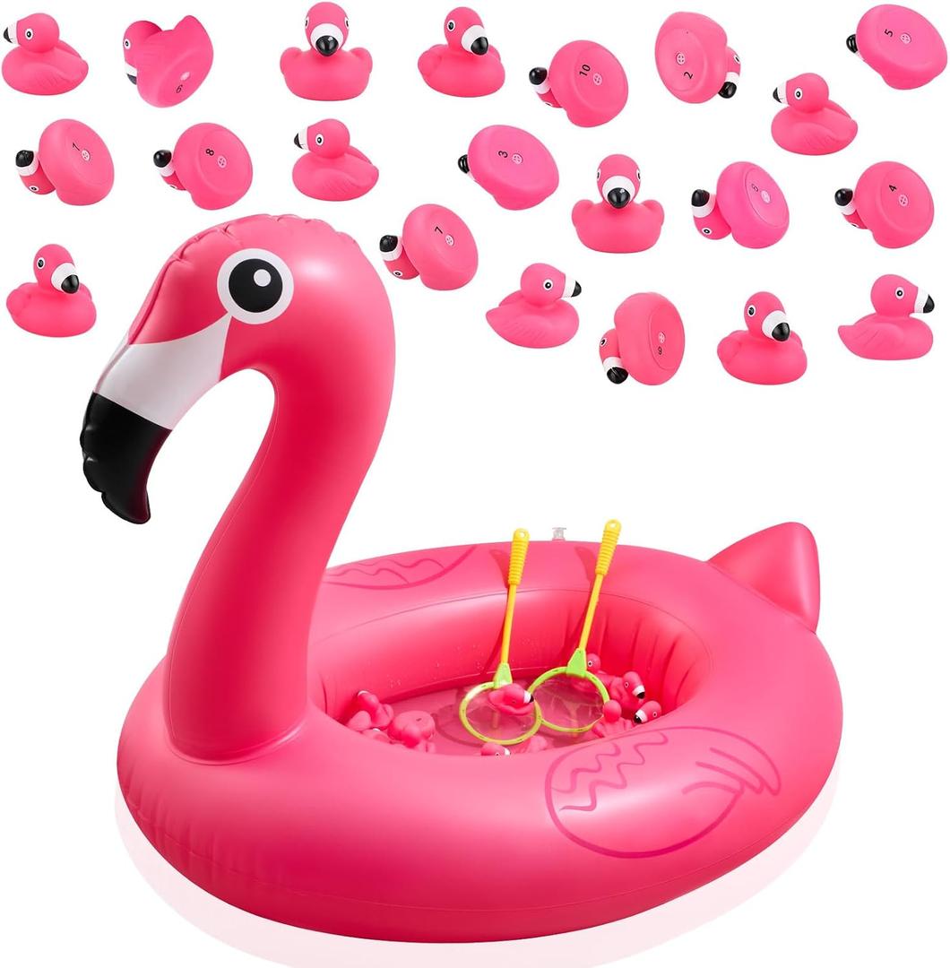 WinnerWhy Flamingo Pond Matching Game for Kids, Inflatable Flamingo Pool with Pump and 20 Numbered Floating Flamingos, Carnival Birthday Party for Summer Festival Field Day Backyard Water Games
