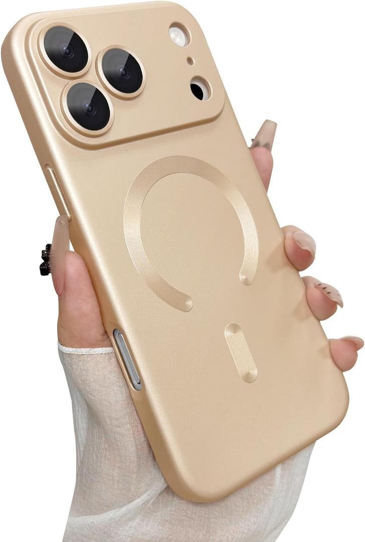 Magnetic for iPhone 17 Pro Case, with Camera Lens Protector, Compatible with Magnetic, Slim Shockproof Soft Silicone Metallic Luster Phone Case for iPhone 17 Pro, Champagne Gold