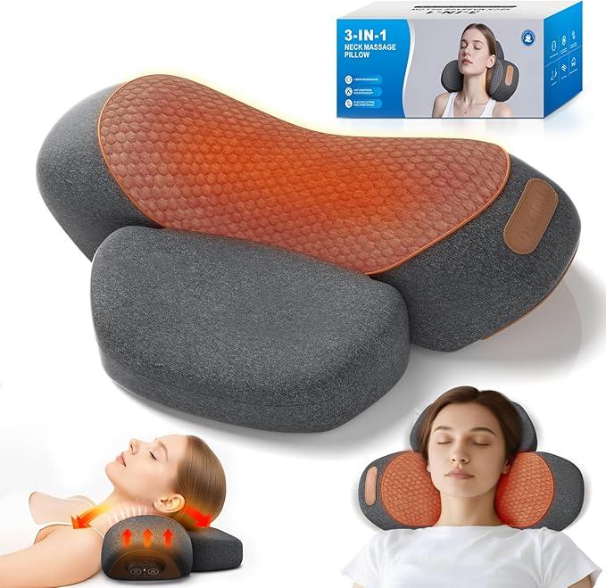 3in1 Neck Massager Pillow with Heating and Cervical Traction  Deep Tissue Massage for Pain Relief, Ergonomic Shoulder Massage Pillow, Neck Hump Corrector Ideal Gift for Women and Men Corded