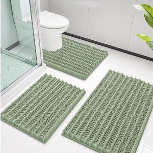 Smiry Bathroom Rugs Sets 3 Piece, Soft Absorbent, Non Slip Rubber Backing Machine Washable Quick Dry Chenille Bath Rug Set for Tub, Shower, and Floor (30"x20"+24"x16"+24"x20", Sage Green)