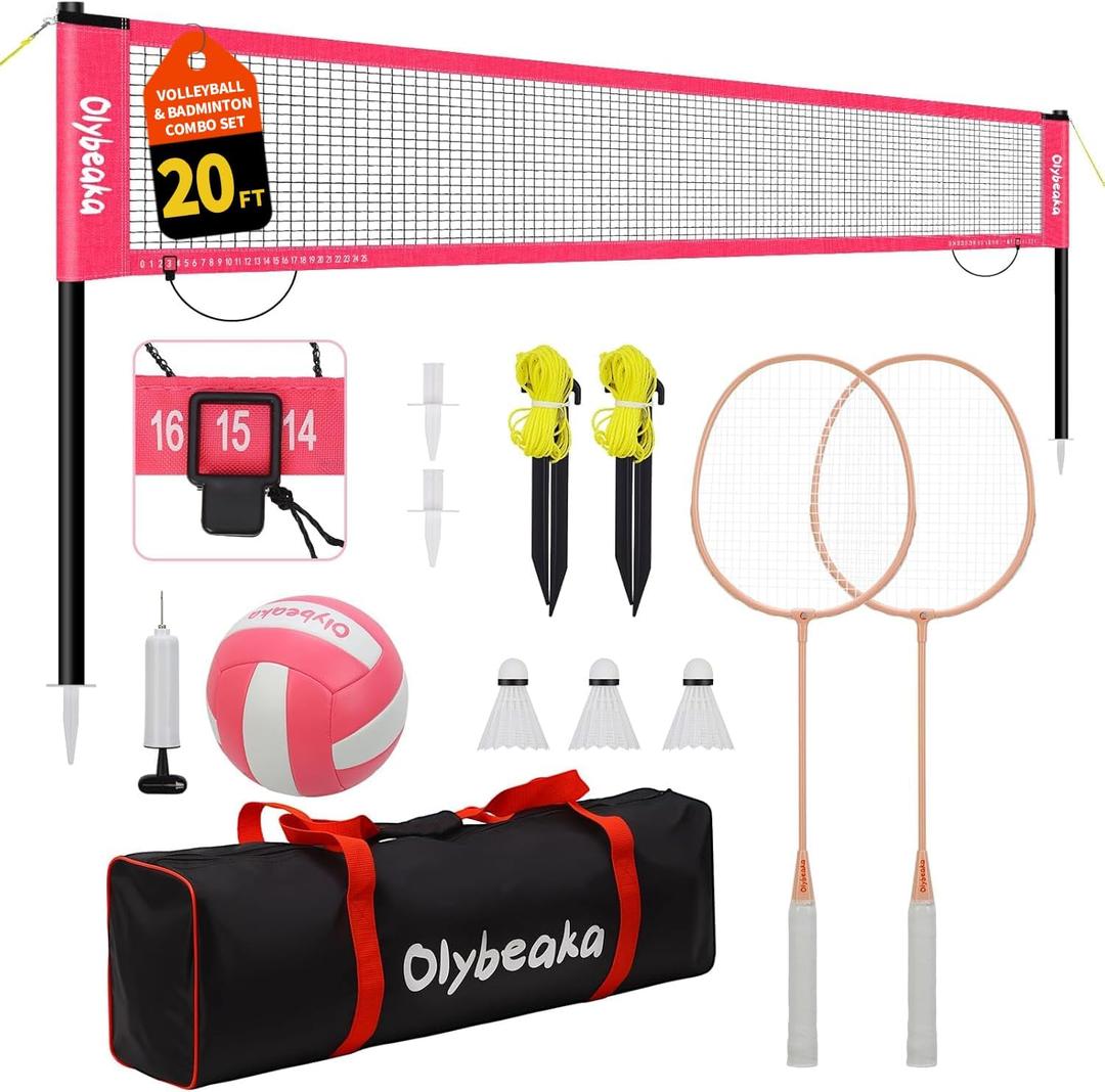 20ft Outdoor Volleyball & Badminton Combo Net Set for Backyard Beach with Adjustable Poles, Durable Anti-Sag Net, PU Volleyball, 2 Aluminum Rackets