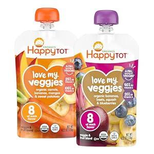 HAPPYTOT Organics Stage 4 Baby Food Pouches, Gluten Free, Vegan Snack, Love My Veggies, Fruit & Veggie Puree, Variety Pack, 4.22 Ounce (Pack of 16), Aug 6 2026