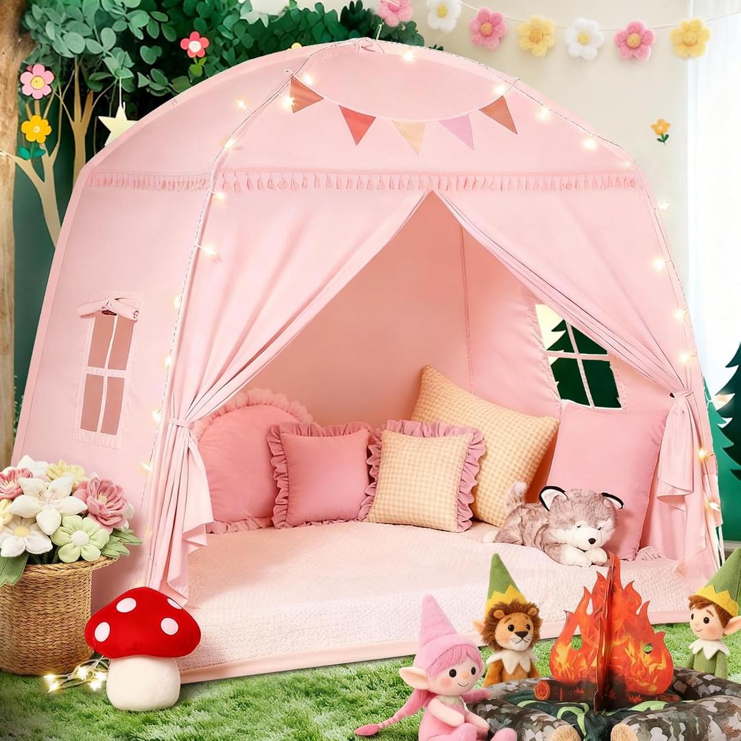Sumbababy Large Teepee Tent for Kids: with Star Lights - Tent Indoor Kids Teepee Tent for Boys & Girls - Kids Play Tent Inside Canopy Bed for Playroom Gift Toys (Pink)
