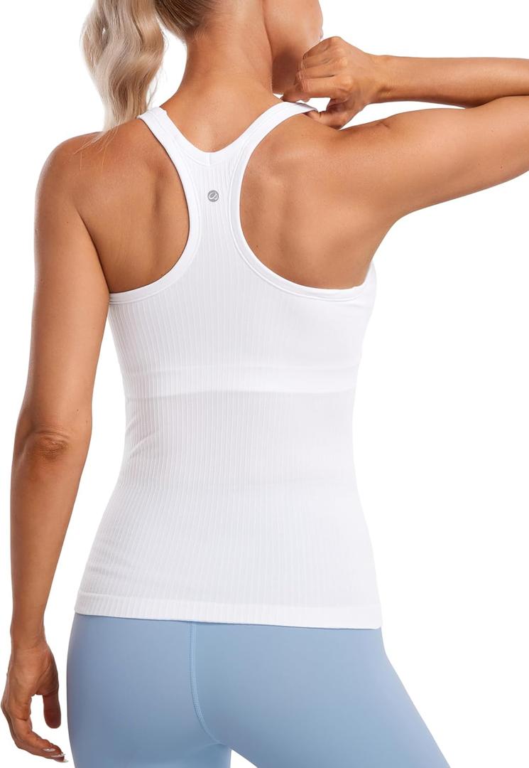 CRZ YOGA Womens Seamless Ribbed Racerback Tank Tops with Built in Bra - Padded Scoop Neck Slimming Athletic Long Camisole (Medium, White)