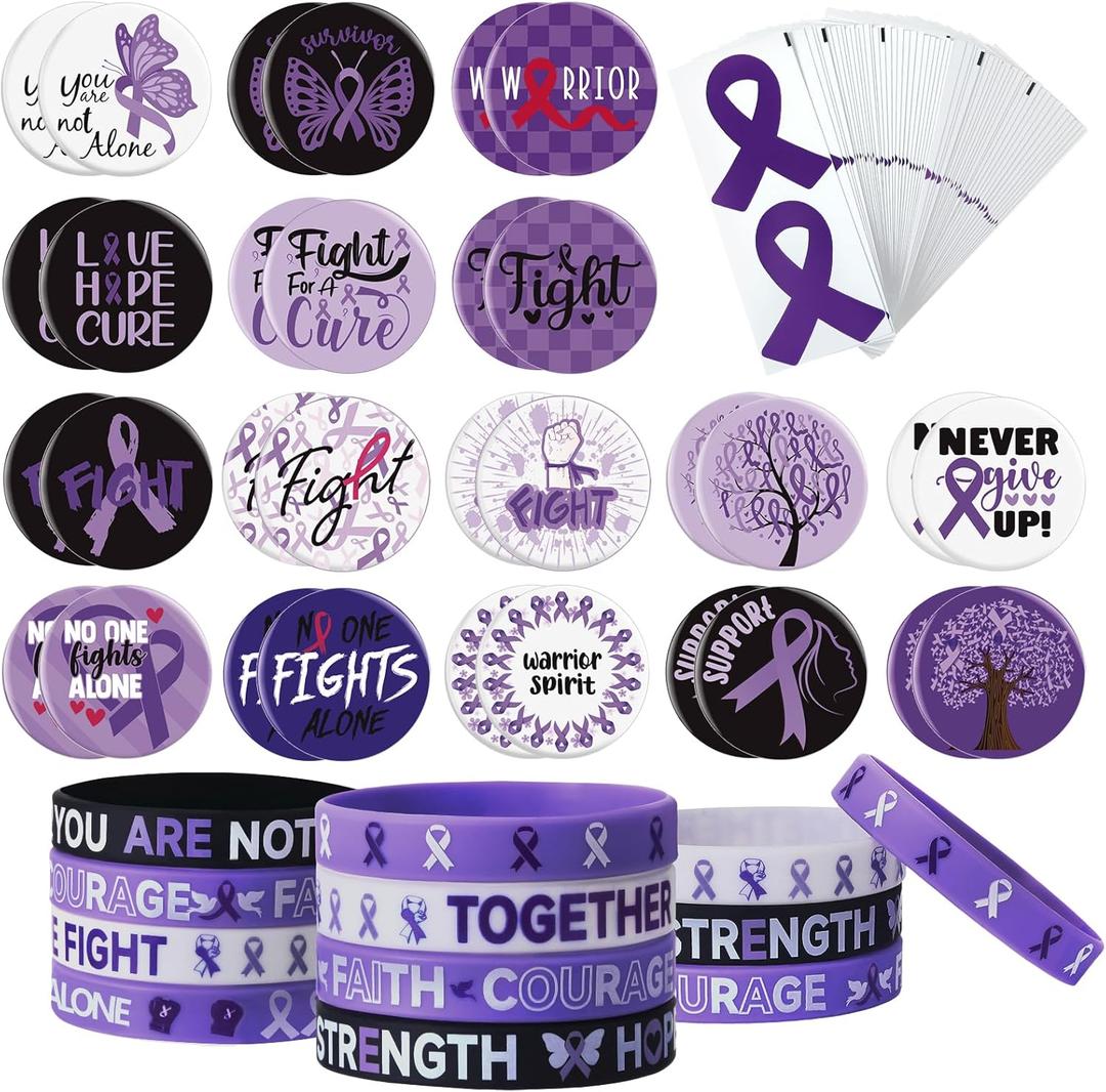 138 Pcs Purple Ribbons Awareness Accessories 30 Purple Ribbons Bracelet Silicone Wristband 48 Violet Round Pin Buttons and 60 Stickers for Domestic Violence Alzheimer's Pancreatic Cancer