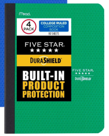 Five Star Composition Books + Study App, 3 Pack, College Ruled Paper, 9-3/4" x 7-1/2", 80 Sheets, Anti-Microbial, Green  (850070A-ECM)